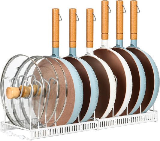 Expandable Pot & Pan Organizer - Cabinet Cookware Rack with 10 Adjustable Compartments & Pot Lid Holder