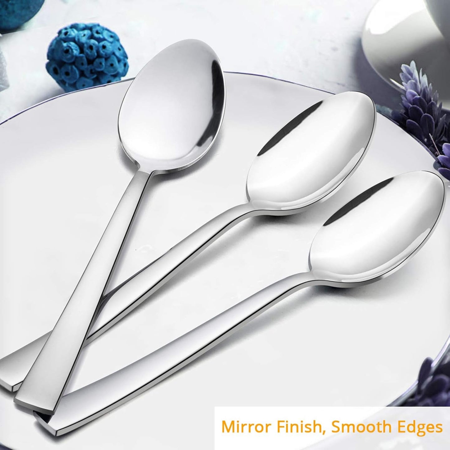 Dinner Spoons Set of 6, E-far 7.9 Inch Stainless Steel Soup Spoons Tablespoons for Home, Kitchen or Restaurant, Non-toxic & Mirror Polished, Squared Edge & Dishwasher Safe