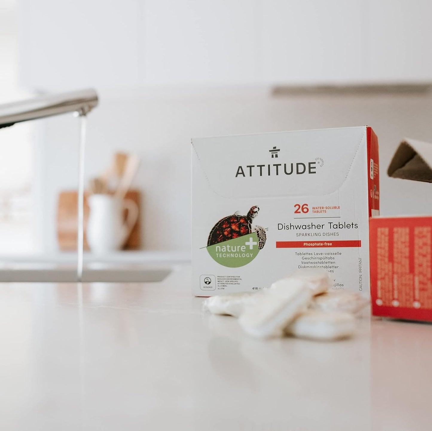 ATTITUDE Dishwasher Tablets, Water-soluble Plant- and Mineral-Based Effective Formula, Phosphate-free, Vegan and Cruelty-free, Unscented, 26 Count (Pack of 2)