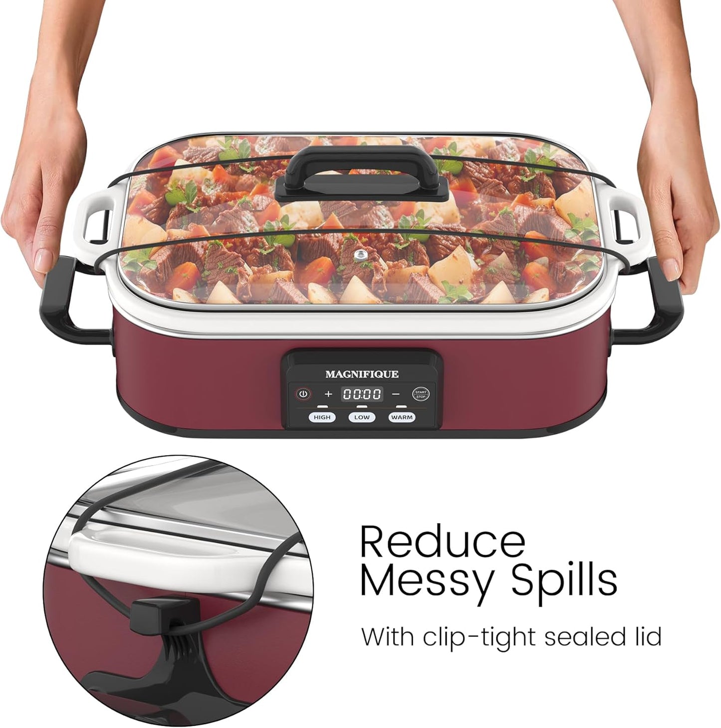 4 Quart Casserole Programmable Slow Cooker with Ceramic Baking Dish - Perfect Kitchen Small Appliance for Family Dinners, Oven Safe and Durable Bakeware for Lasagna, Roasts (Red)