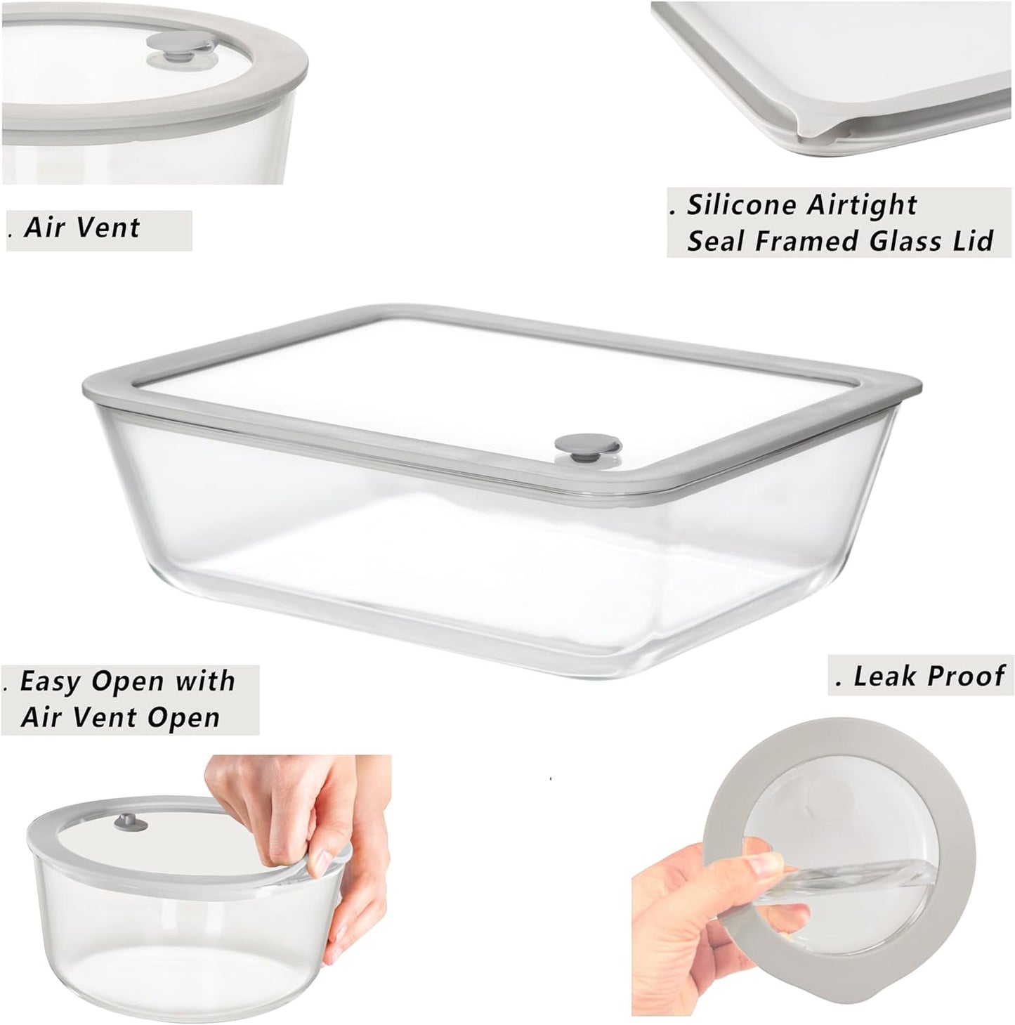 Glass Food Containers with Glass Lid, Microwave Safe Food Storage Container Set, 3 Pack of Large Size, Food Storage Containers with Lids, Meal Prep containers with Leak Proof Lid.