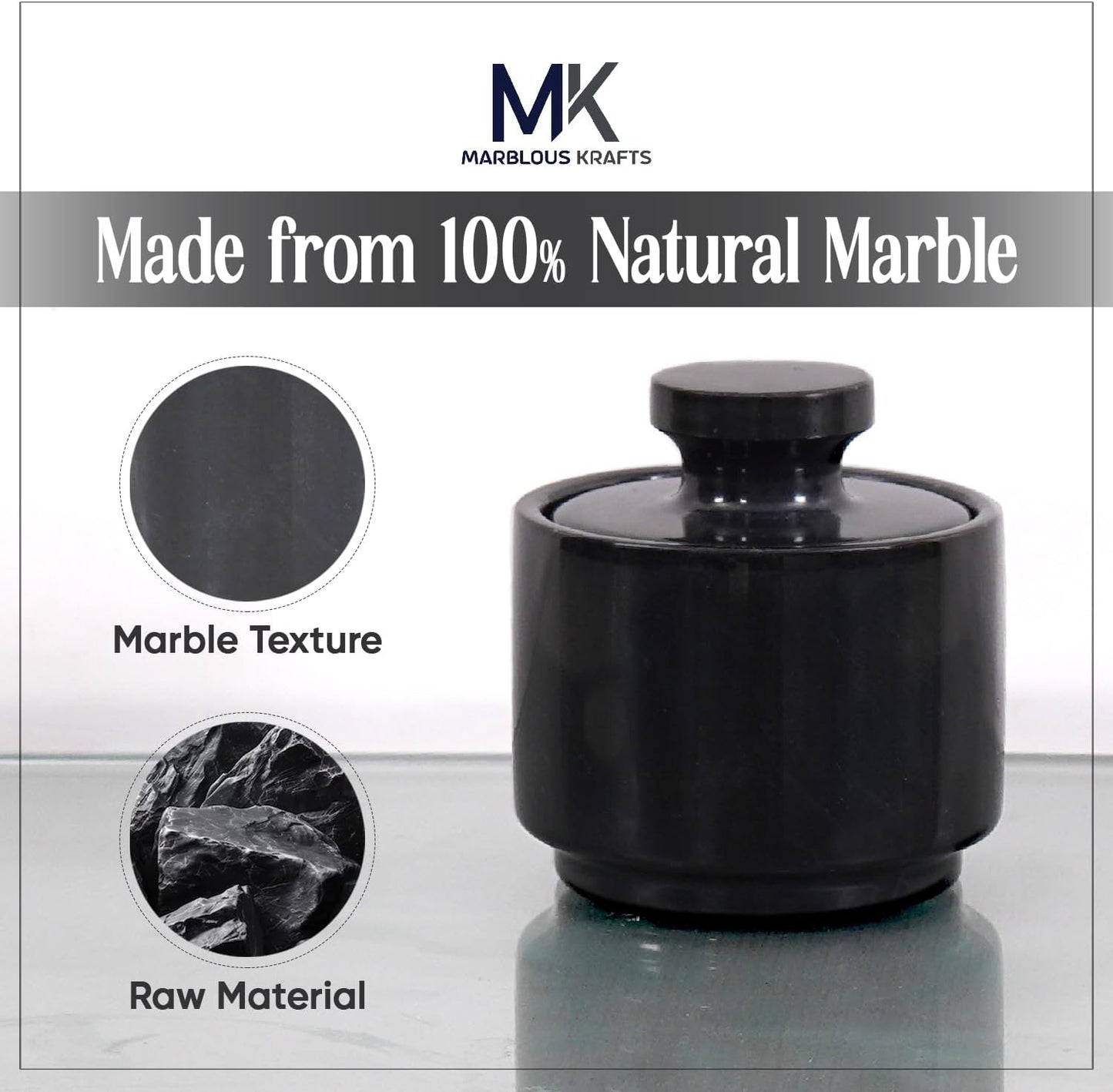 Marble Salt Cellar with Lid 3" Inch Black Spice Jar & Stone Salt Container For Kitchen Countertop, Modern Sugar Bowl