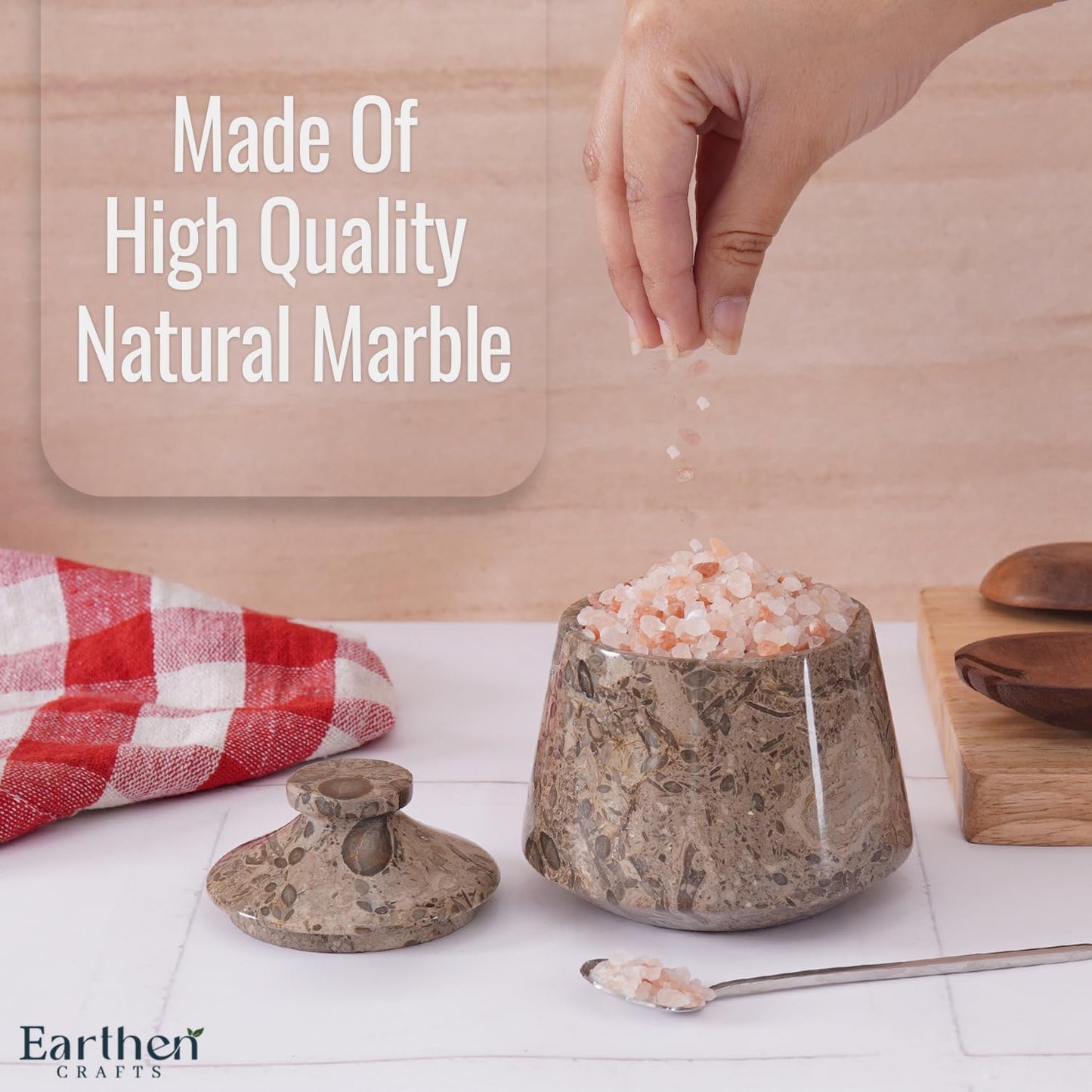 Marble Salt Cellar With Lid & Spoon Oceanic 4" Seasoning & Spice Jar Salt Container - Coffee Candy Holder For Kitchen Counter