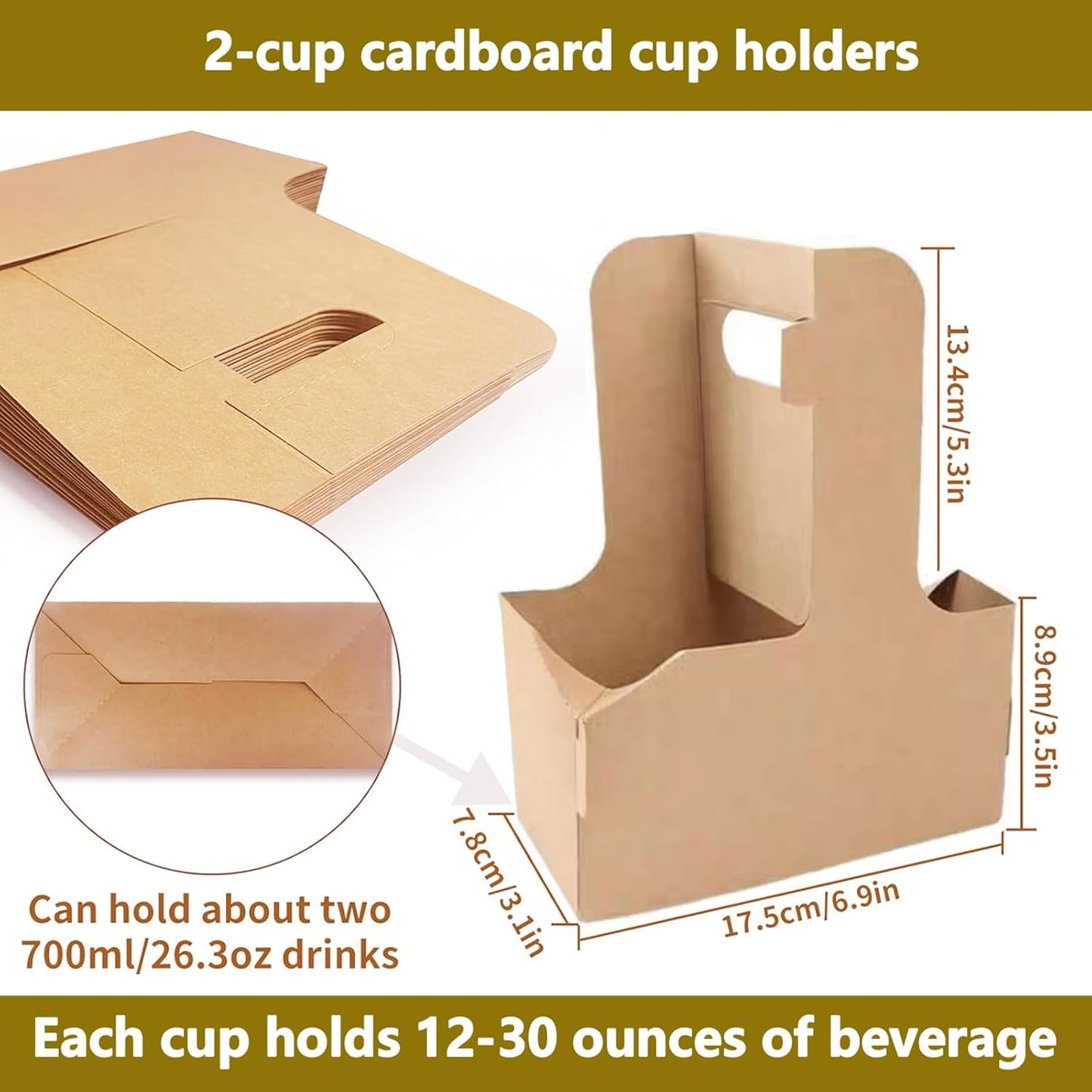 50PCS 2 Cup Disposable Drink Carrier with Handle, Floral Wrap Packing Gift Box, Portable Take Out Cup Carriers for Delivery Coffee Beverage, Kraft Paperboard Cup Holder for Hot or Cold Drinks