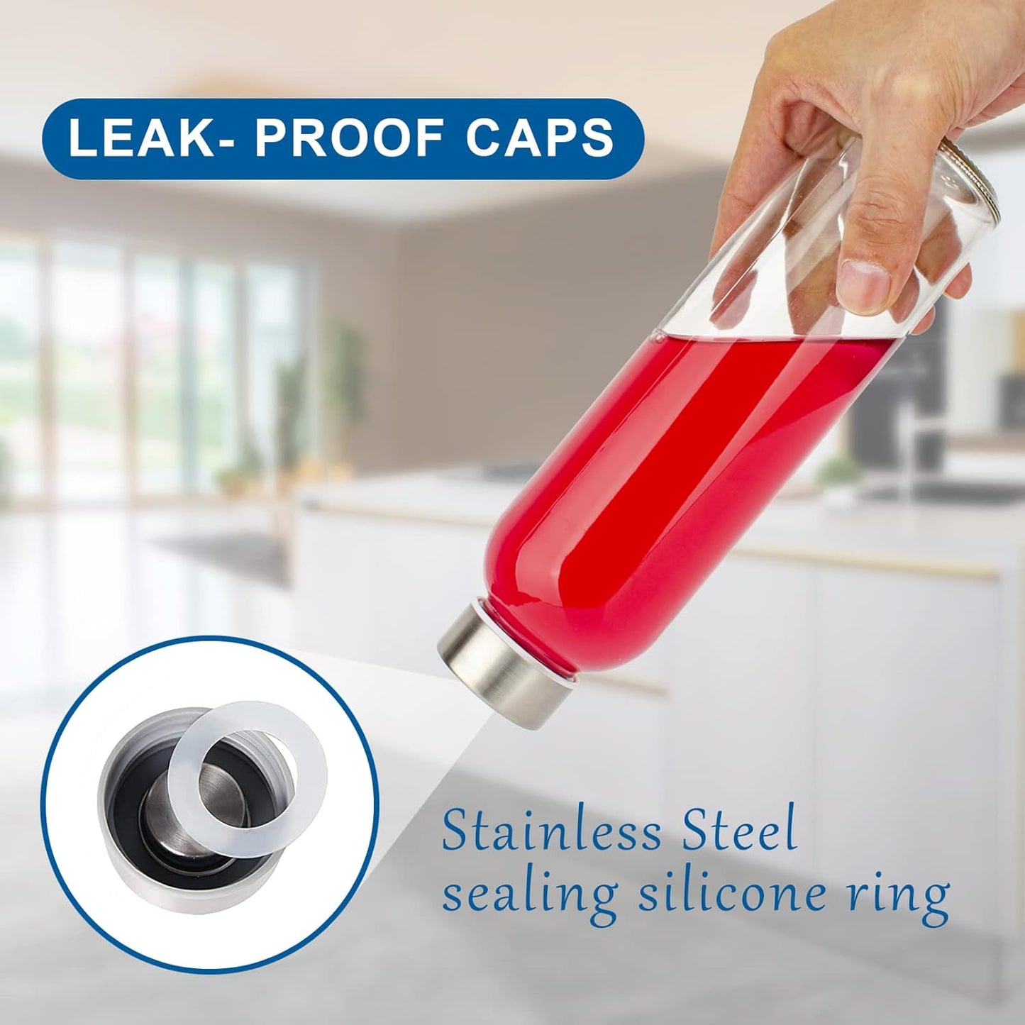 18 oz Clear Glass Juice Bottles with Lids and Silicone Sleeve, Reusable Glass Water Bottles with Stainless Steel Cap for Juicing, Refrigerator,100% Leak Proof, BPA Free, Set of 6