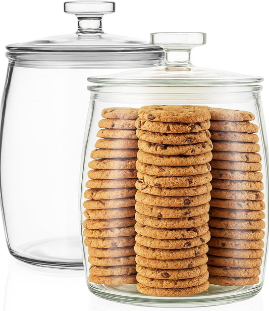 Half Gallon Glass Cookie Jars with Airtight Lids - Big Food Storage Containers for Kitchen Pantry - Dog Treats, Flour, Sugar, Biscotti, & Candy - 64oz Canisters Pack of 2