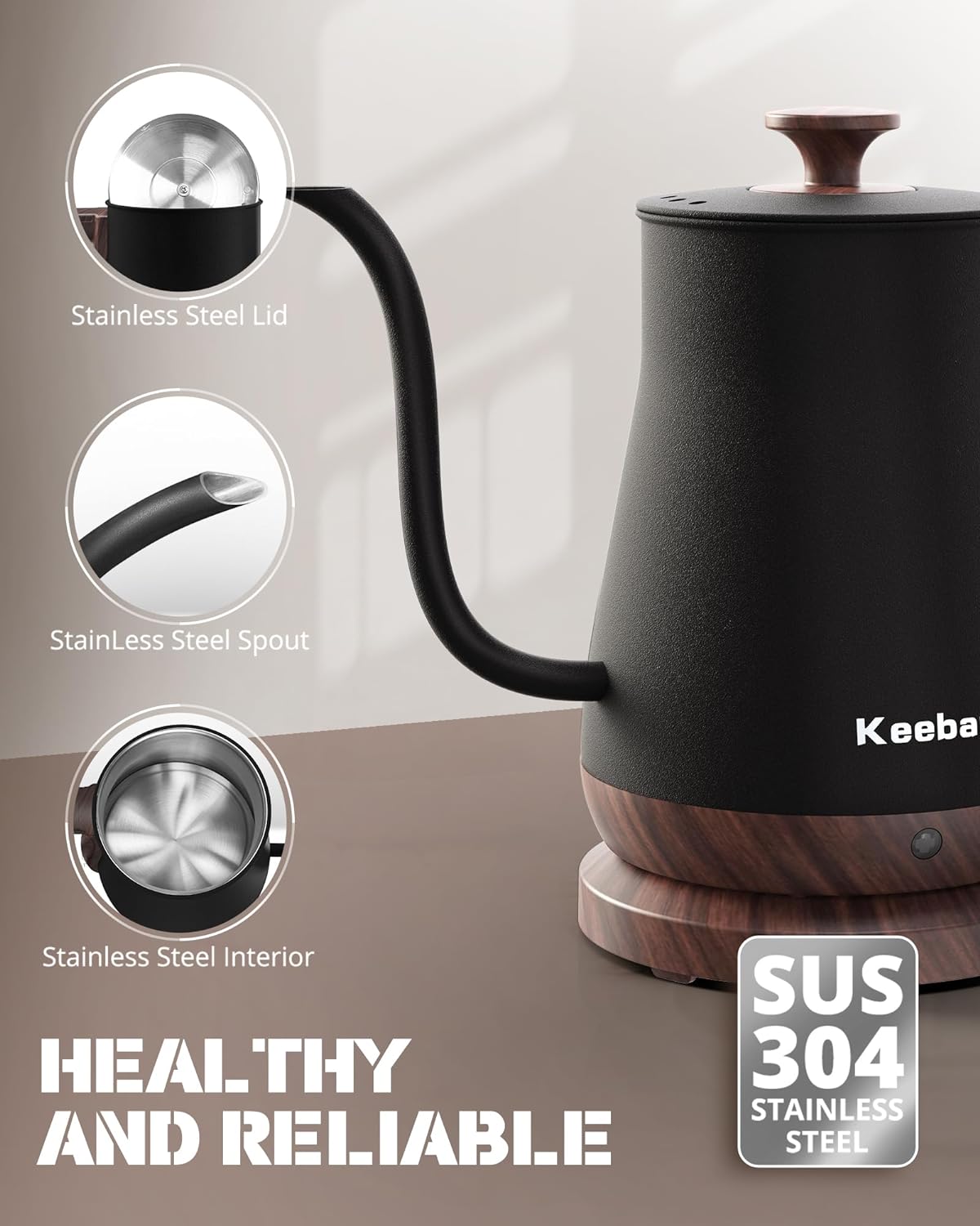 Gooseneck Electric Kettle - Stainless Steel Pour Over with Auto Shut Off, 0.8L Capacity, 1000W Quick Heating, Design with Elegant Handle, Matte Black with Walnut, Manual, (XH-W081-BW)