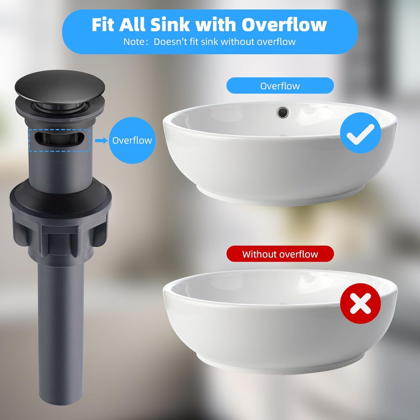 Hibbent 2 Pack Universal Bathroom Sink Drain Stopper, Pop Up Drain Strainer with Overflow, Push and Seal Sink Plug with Basket for Lavatory Vanity Vessel, Anti-Clogging Strainer, Matte Black