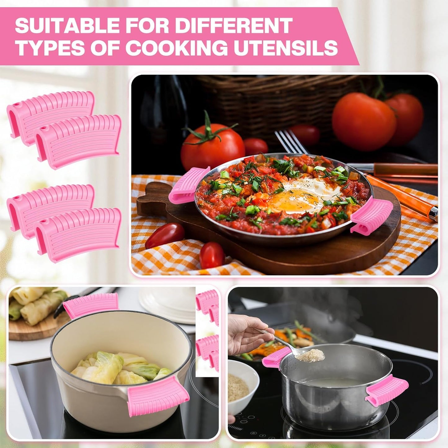 Patelai 4 Pcs Silicone Assist Hot Pan Handle Holder Pot Handle Covers for Cast Iron Skillets Holder Sleeve Nonslip Heat Resistant Pan Cover for Enameled Griddles Casserole Frying Cookware(Pink)