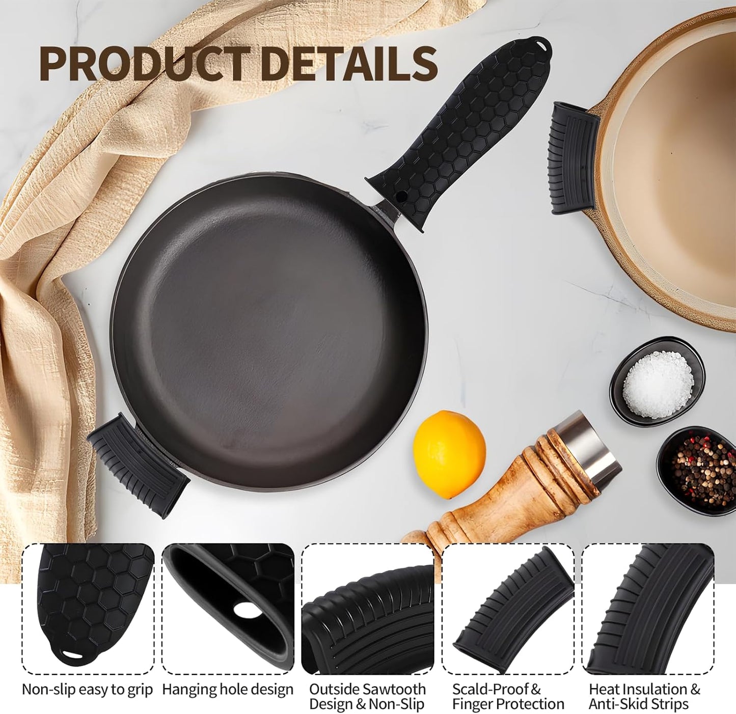Cast Iron Skillet Handle Covers - 3 Pack Non-Slip Pot Handle Covers Potholder, Heat Resistant Silicone Pan Handle Sleeve for Cast Iron Skillet Metal Pan (Black)