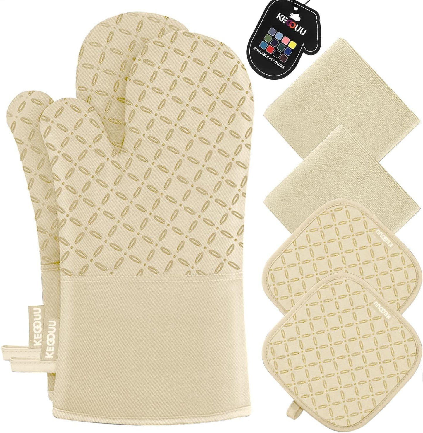 KEGOUU Oven Mitts and Pot Holders 6pcs Set, Kitchen Oven Glove High Heat Resistant 500 Degree Extra Long Oven Mitts and Potholder with Non-Slip Silicone Surface for Cooking (Beige)