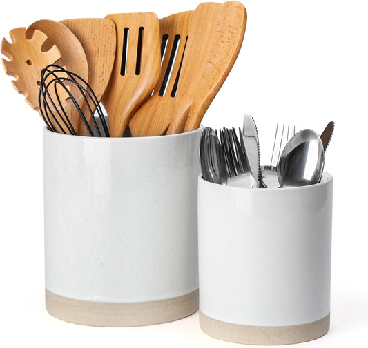 famiware Milkyway Kitchen Utensil Holder for Countertop, 7.2"+5.8" Ceramic Cooking Utensil Crocks for Counter, Utensil Organizer for Spatula & Spoon, Kitchen Decor, Set of 2, White
