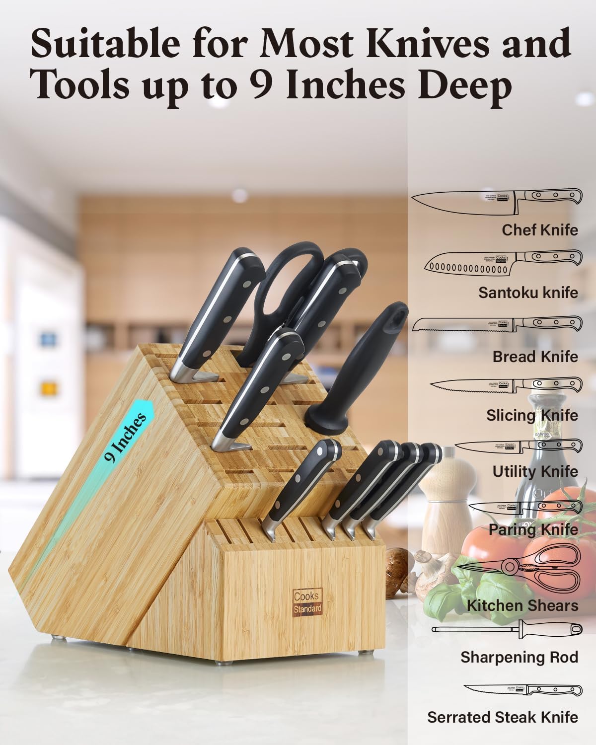 Cooks Standard Bamboo Knife Block Holder without Knives, 25 Slot X-Large Universal Countertop Butcher Block Kitchen Knife Stand for Easy Kitchen Storage