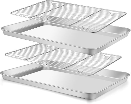 E-far Baking Sheet with Wire Rack (2 Pans + 2 Racks), Stainless Steel Cookie Sheets Pan & Cooling Rack for Baking Cookies/Jelly Rolls, Non Toxic & Heavy Duty, Oven & Dishwasher Safe, 16 x 12 x 1 Inch