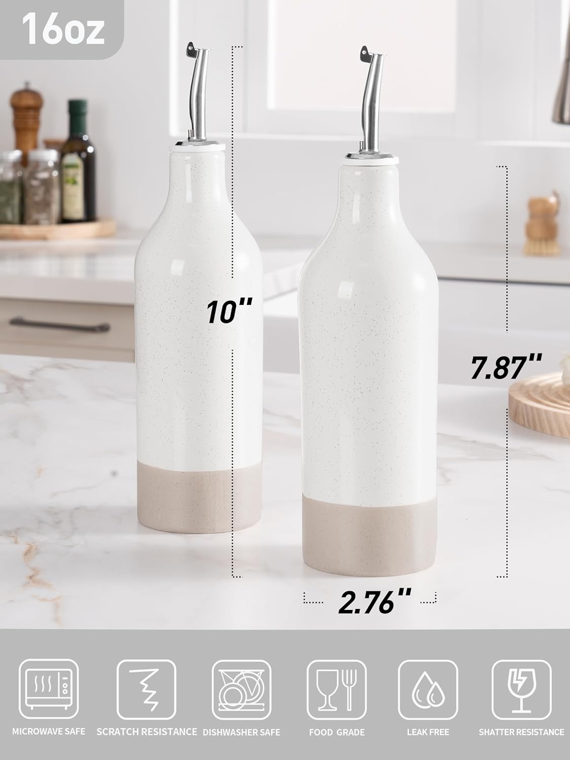 famiware Milkyway 16oz Ceramic Olive Oil Dispenser Bottle, Olive Oil and Vinegar Dispenser Bottle Set of 2 with Stainless Steel Pourers, Suitable for Storage Vinegar, Soy Sauce, Liquids, White