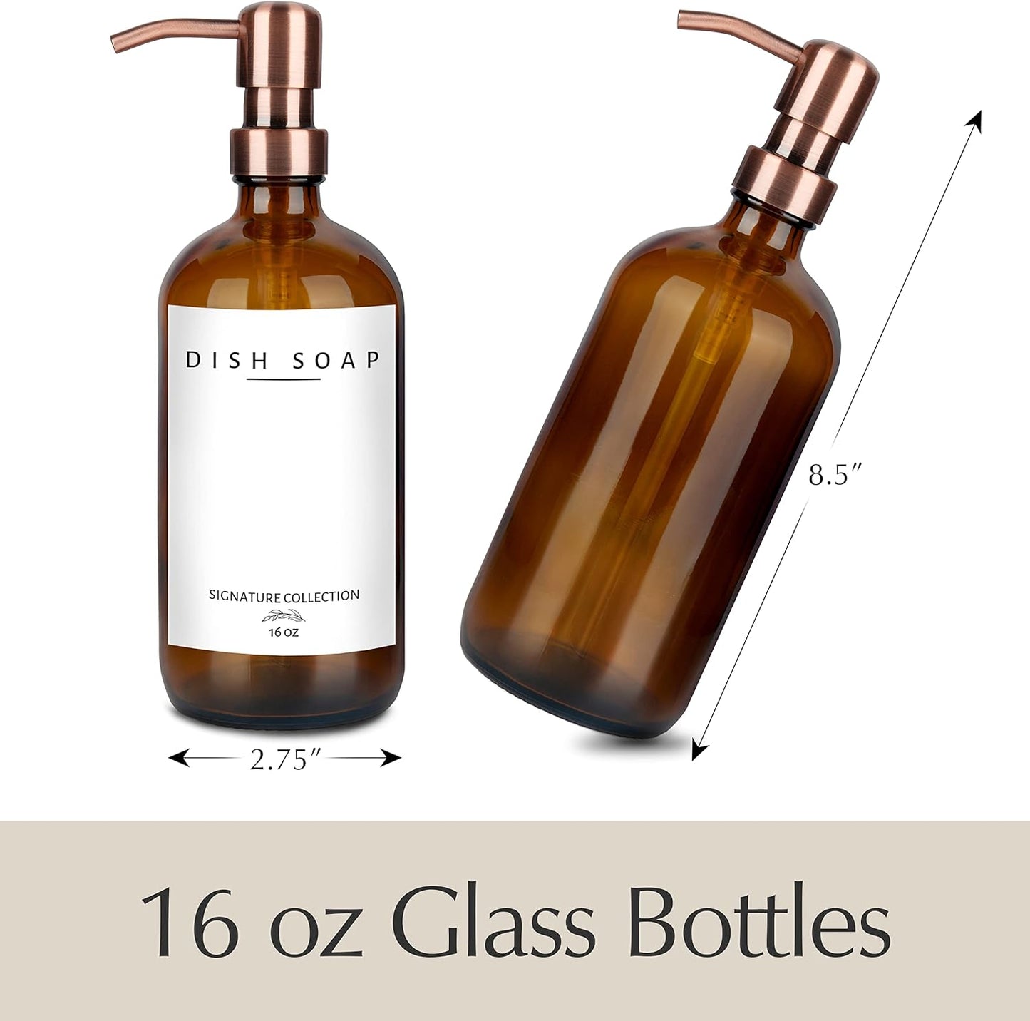 Emerson Soap Dispenser, Dish Soap Dispenser for Kitchen, Soap Dispenser Bathroom Set, Hand Soap Dispenser, Kitchen Soap Dispenser Set, Glass Soap Dispenser with Pump and Labels - 16 Oz - 2 Pack