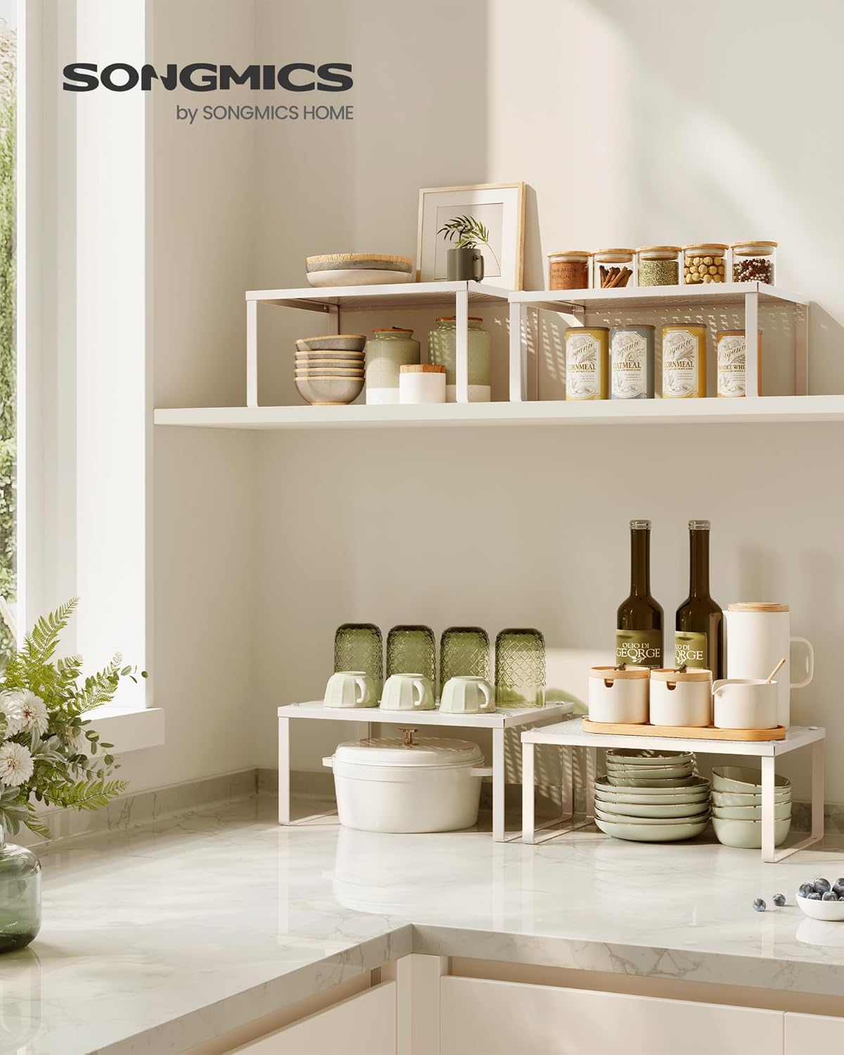 SONGMICS Spice Racks, Set of 4 Metal Cabinet Shelf Organizers, Countertop Organizers, Shelf Risers, Stackable, Expandable, Oatmeal Beige UKCS006K01