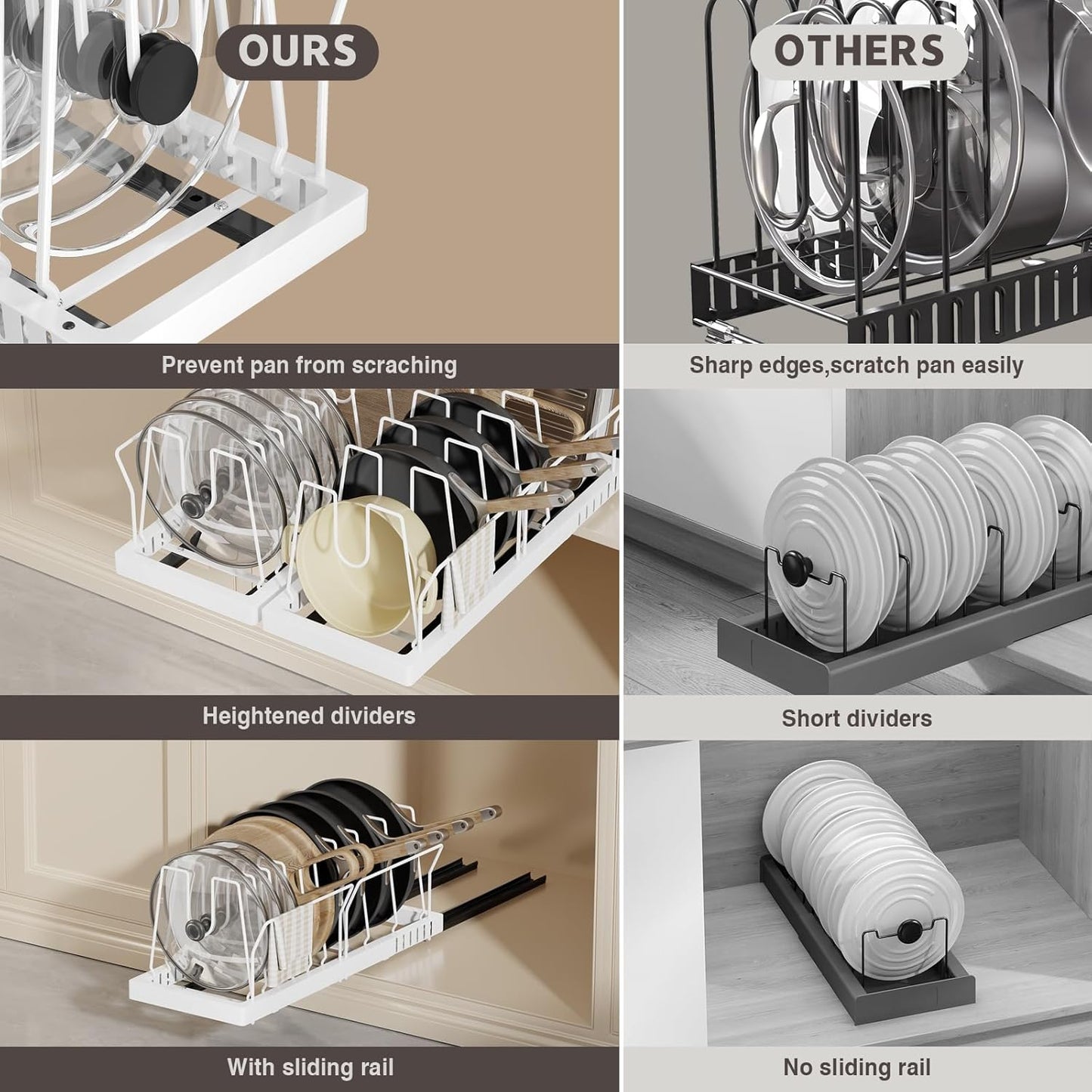 2 Pack Pots and Pans Organizer Under Cabinet, 22" Deep Expandable Pull Out Pot Lid Organizer and Storage with 10 Adjustable Dividers No Drill Pot and Pan Holder Rack with Handle Bracket(White)