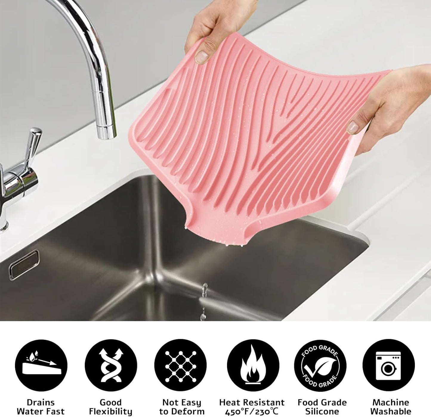 Silicone Dish Drying Mat, Stone Drying Mat for Kitchen Counter with Built-in Drain, Non-Slip 15.8" X 13" Drying Matt Kitchen Counter and Grey Microfiber Cleaning Cloth, Cleaning Rags Set(Pink)
