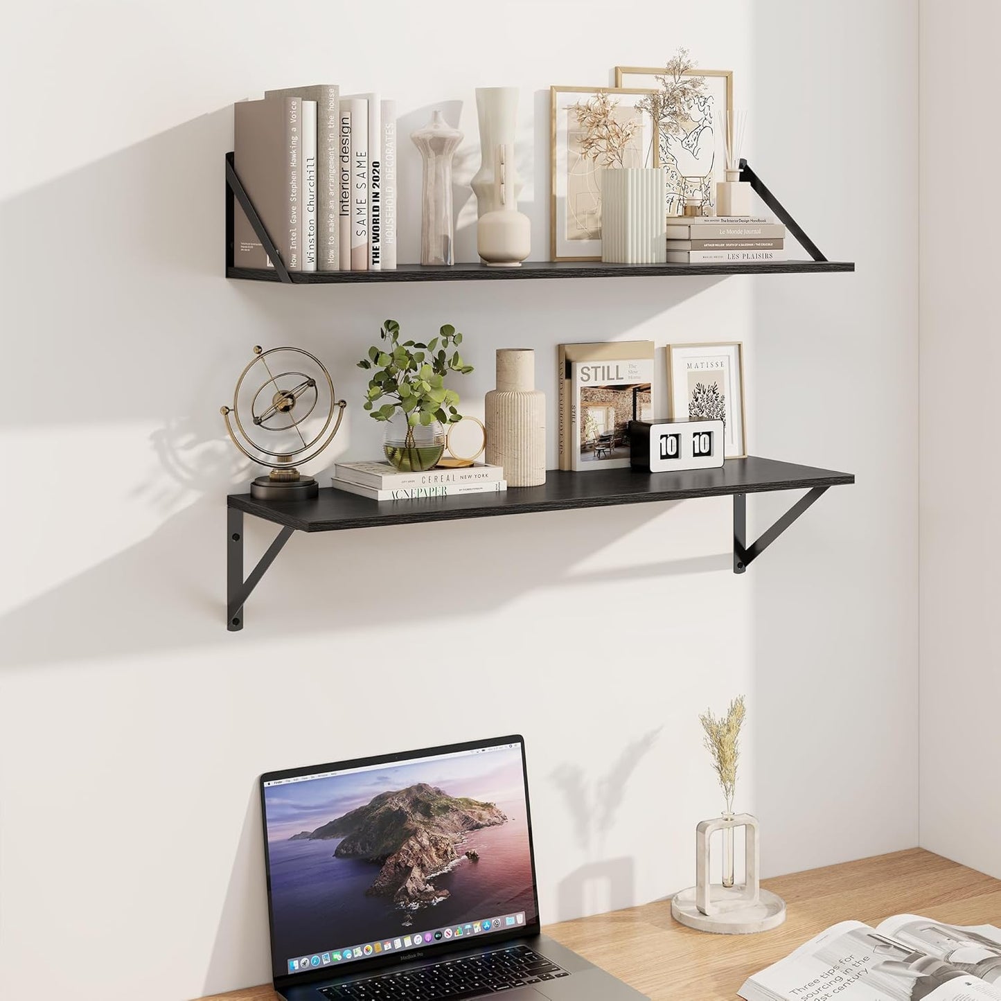 Heimlove Black Deep Floating Shelves for Wall, 30W x 8D Wood Wall Shelves Set of 2, Wide Floating Bookshelf for Living Room, Kitchen, Office, Bedroom and Decor Storage, with Metal Bracket - Black