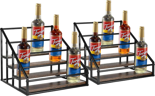 Coffee Syrup Rack Organizer,Liquor Bottle Display Shelf,Water cup display stand,Spice Rack Kitchen Cabinet Organizer,Rustic Brown,2 Packs 4 Tier 16 Bottle Coffee Syrup Holder