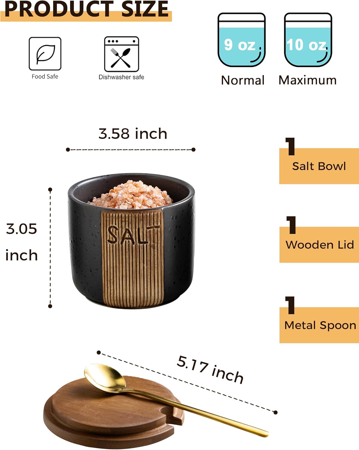 Salt Container for Countertop, Ceramic Salt Cellar with Lid & Spoon, Farmhouse Salt Bowl, 10 OZ, Black