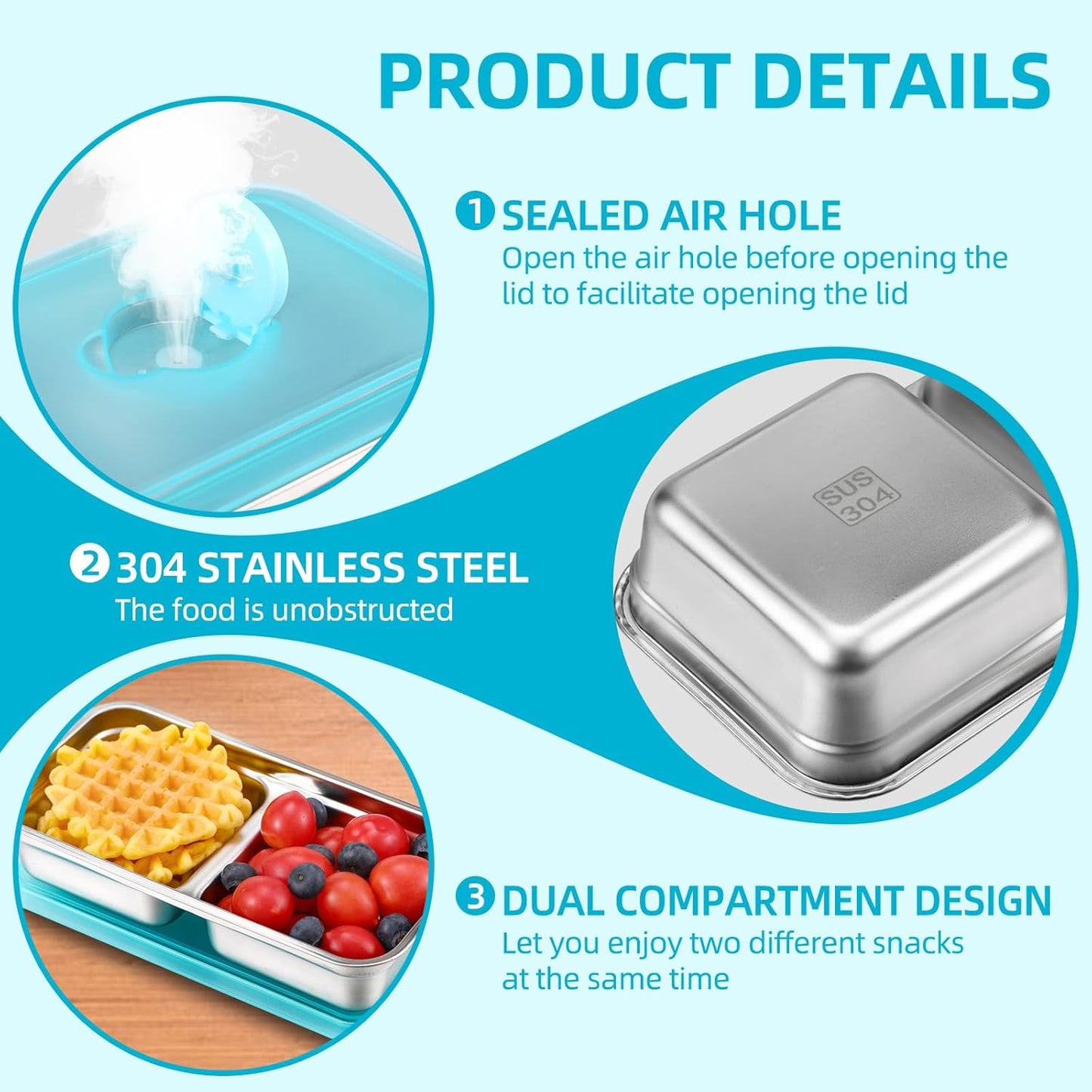 304 Stainless Steel Bento Boxes with Lids, 2pcs Leakproof Double Compartment Snack Containers, Reusable Food Storage Containers for Lunch, Travel & Camping