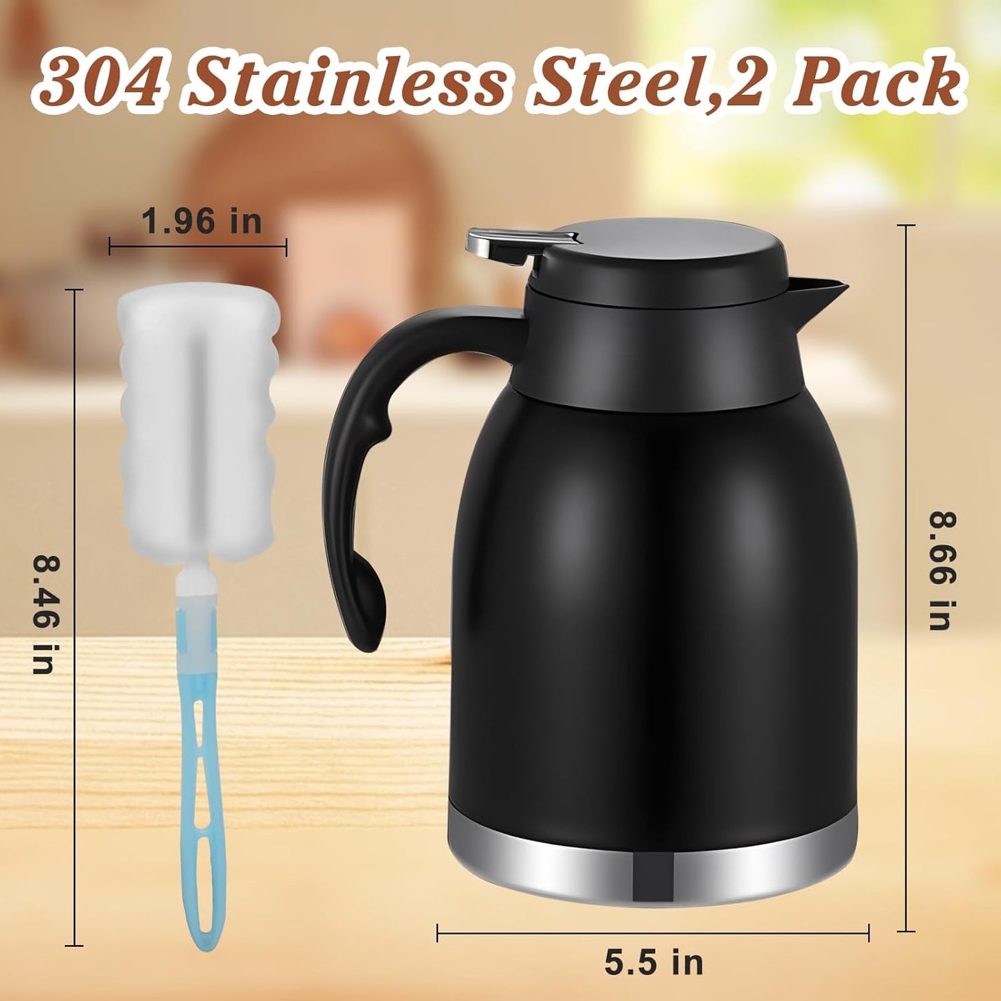 54oz 2PCS Stainless Steel Thermal Coffee Carafe Dispenser with Brush,Double Wall Vacuum Flask 1.6L Water Tea Pot Beverage Pitcher for Cold Drinks in Summer (Matte Black,2Pack)