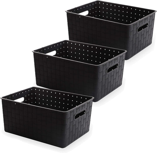 BINO | Plastic Basket, Large - Black | 3 Pack | THE STABLE COLLECTION | Multi-Use Storage Basket | Rectangular Cabinet Organizer | Home & Office Storage Organizer | Baskets for Bathroom Organizing