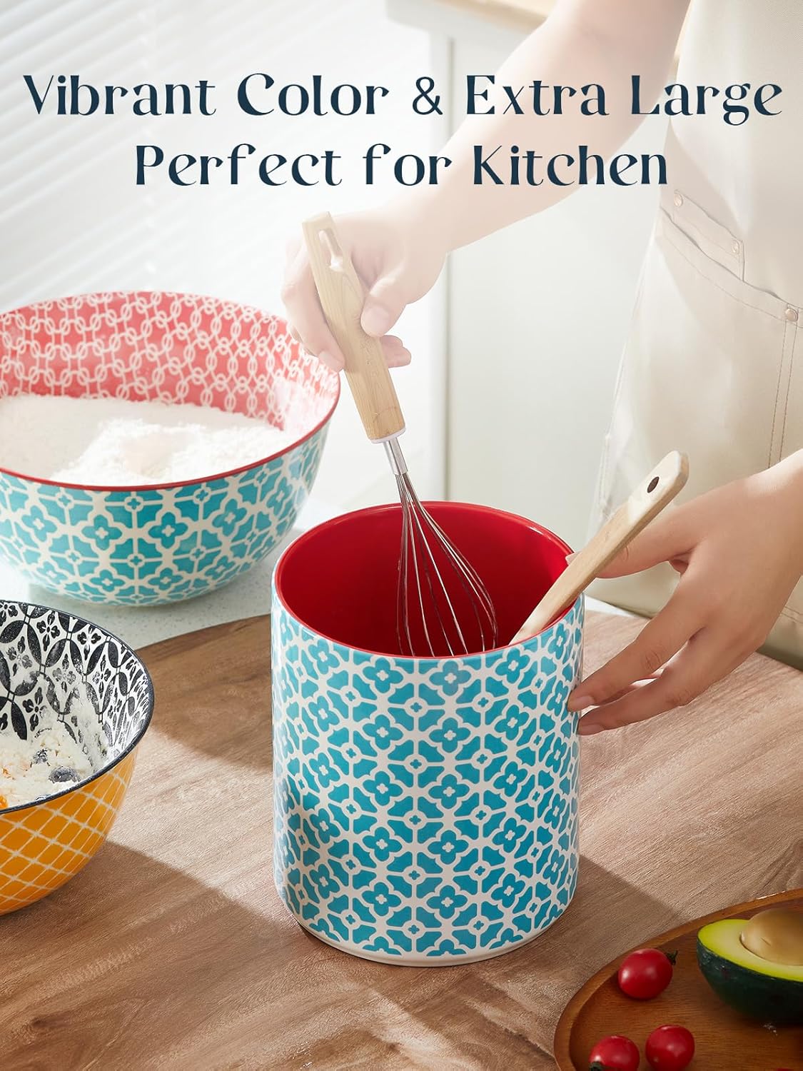 DOWAN Colorful Large Utensil Holder, 7.2" x 6.2" Ceramic Kitchen Utensil Holder for Countertop, Vibrant Patterned Utensil Crock with Protection Cork Mat, Utensil Caddy for Housewarming & Wedding Gift