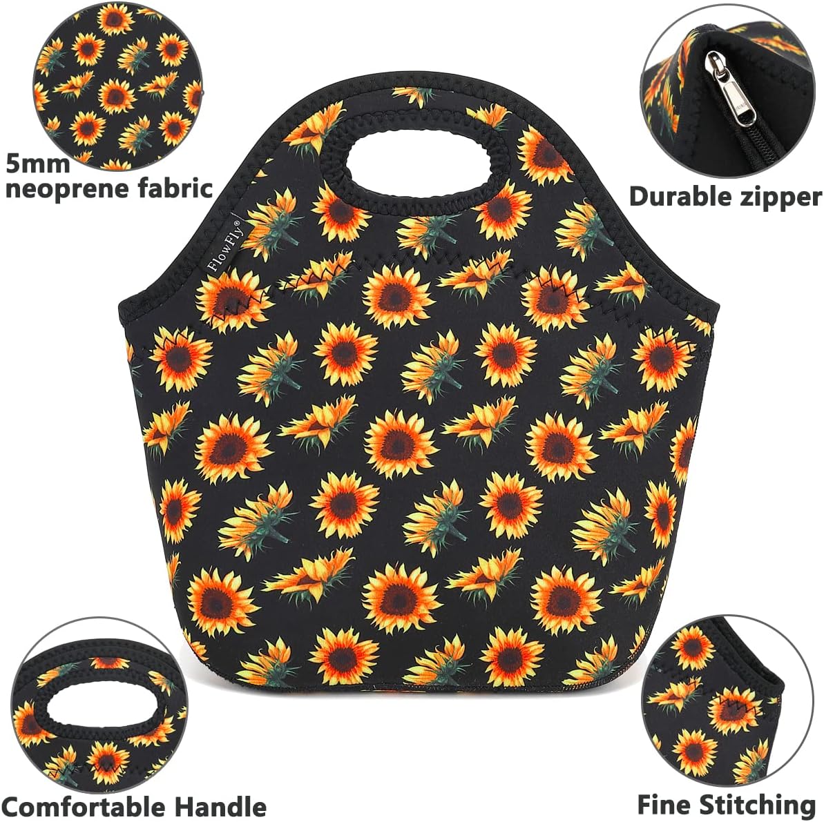 FlowFly Neoprene Lunch Tote Insulated Thermal Reusable Lunch Bag Box for Boys Men with Zipper (SunFlower)