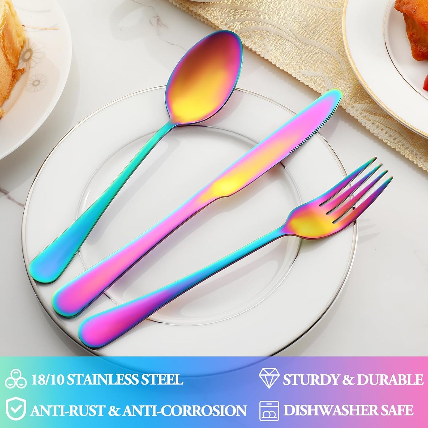 60 Pcs Rainbow Silverware Set Service for 12,Stainless Steel Flatware Serving Sets,Kitchen Tableware Set,Utensil Set for Home and Restaurant,Knives Forks Spoons Set,Mirror Polished,Dishwasher Safe