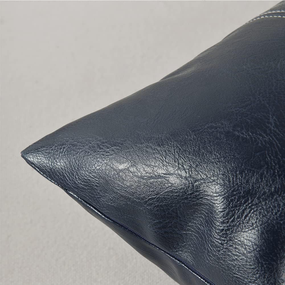 Fancy Homi Navy Blue Long Lumbar Waterproof Faux Leather Decorative Throw Pillow Covers 14x24 Inch for Outdoor Couch Bed, Modern Farmhouse Boho Home Decor, Hand Stitched Cushion Case 35x60 cm