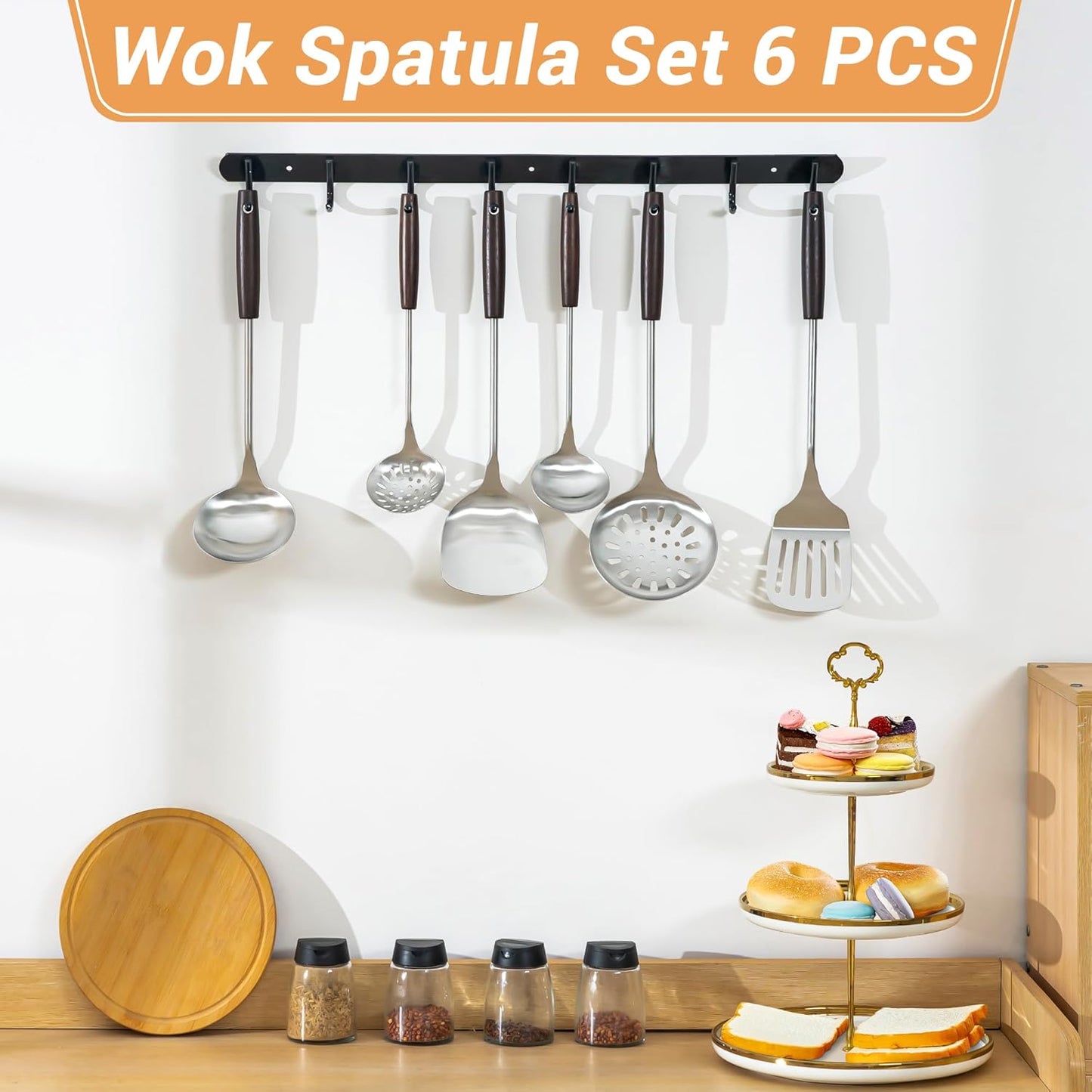 FJNATINH Cooking Utensils Set with Wood Handle, 6 PCS Wok Utensils Tools - Wok Accessories Cookware Set