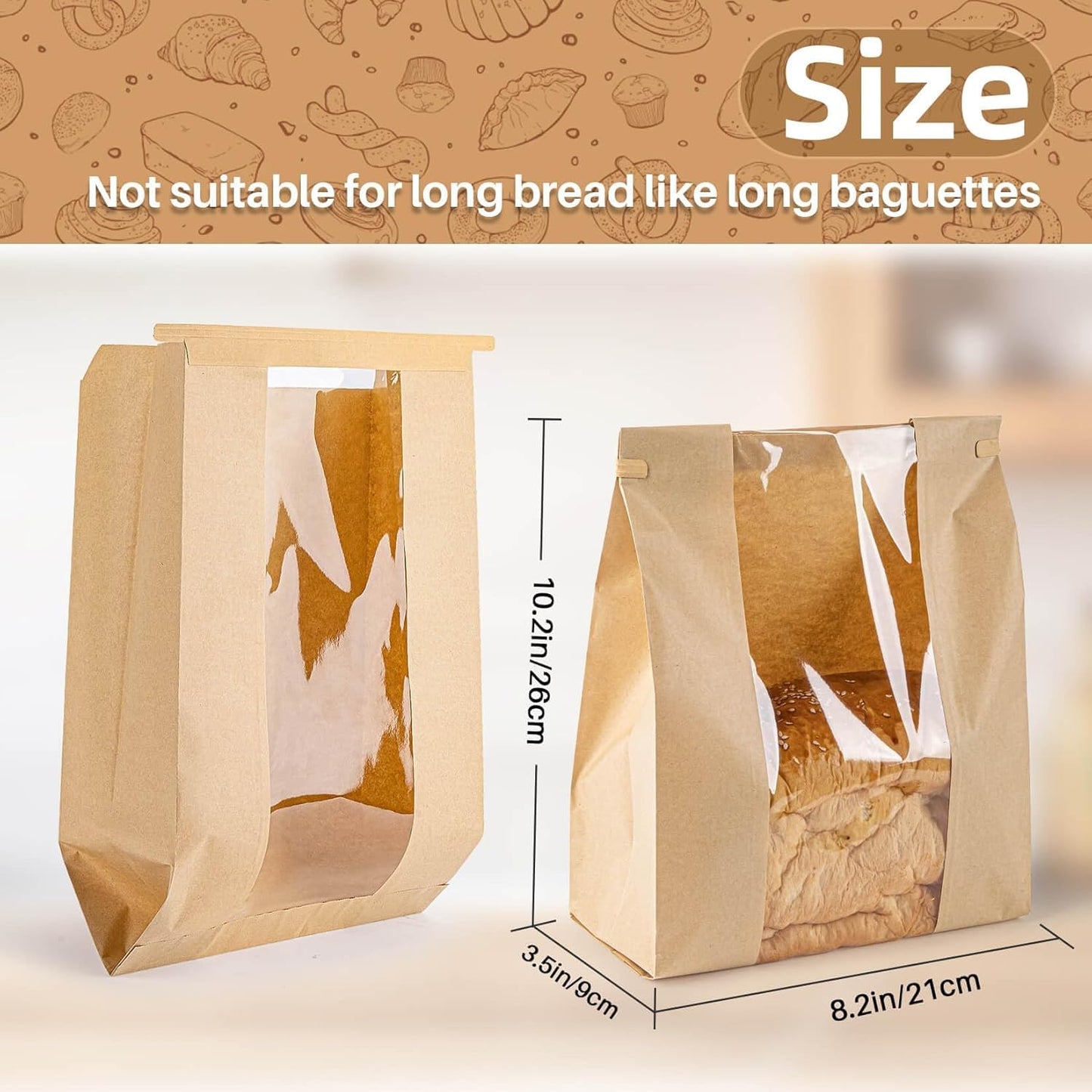 50 Bread Bags with Reusable Ties - Homemade Sourdough Bread Storage Bags Brown Paper Bagel Loaf Bakery Bags with Window Toast Bags with Resealable Ties Disposable Baked Goods Sale Packaging