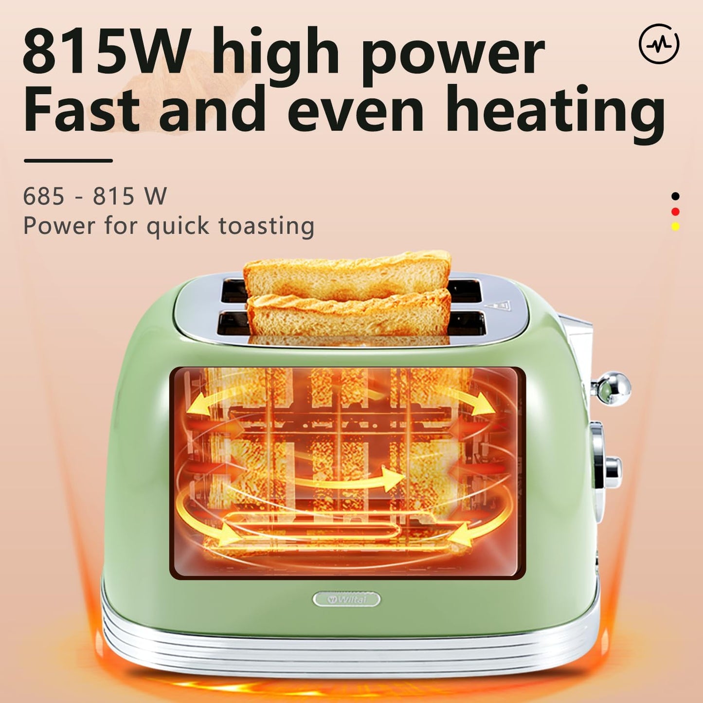 Green Cute Retro Toaster 2 Slice with 1.58" Wide Slots, with Stainless Steel Lid, with Warming Rack, Preheat, Defrost, Countdown Timer Display