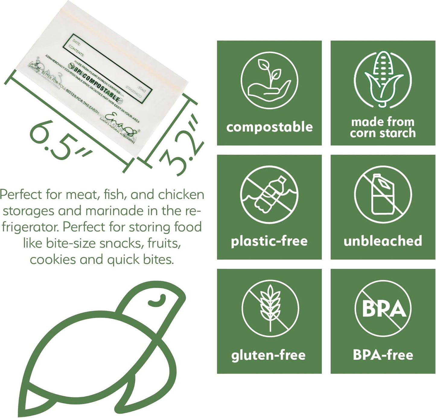 100% Compostable Food Storage Bags [Snack 300 Pack] Eco-Friendly Freezer Bags, Resealable Bags, Heavy-Duty, Reusable, Off-White by Earth's Natural Alternative