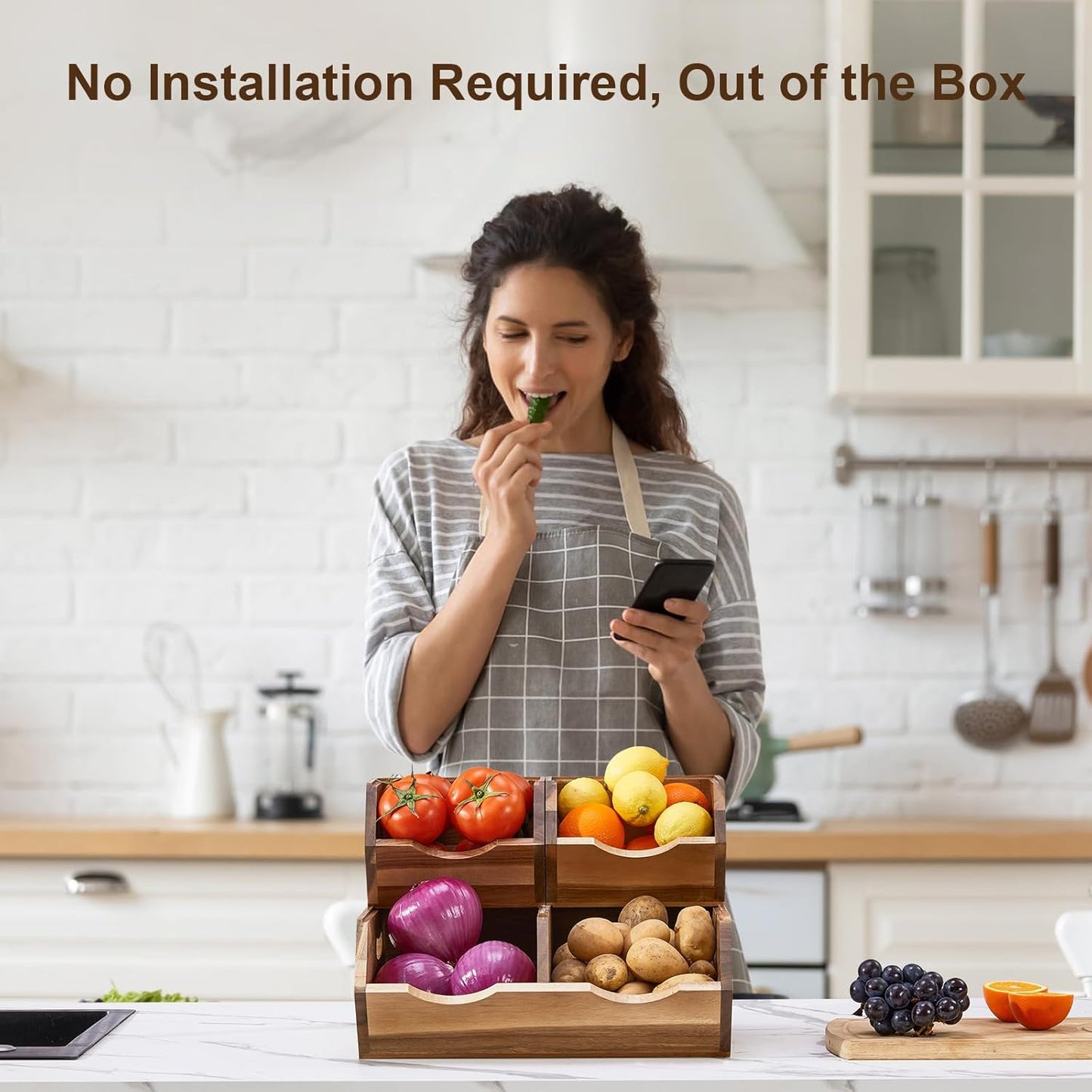 Acacia Wood Pantry Storage Bins, Stackable Storage Baskets Potato and Onion Storage Bins, Pantry Organizer Wooden Baskets Organization and Storage, Set 3 Pieces