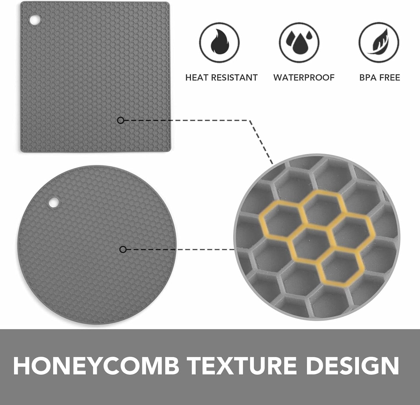 Joyhalo Trivets for Hot Dishes - Hot Pads for Kitchen, Silicone Pot Holders for Hot Pots and Pans, Silicone Mats for Kitchen Countertops, Table, Flexible Easy to Wash and Dry, Grey