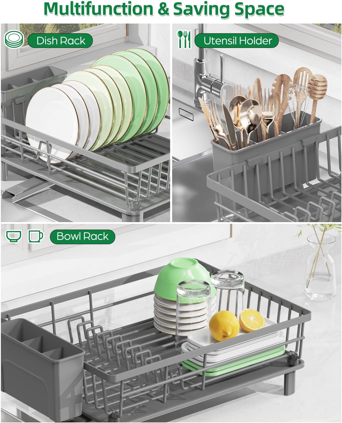 Dish Drying Rack, Stainless Steel Drainer Rack with Drainboard with Smart Drainage System, Space Saving Dish Strainer for Kitchen Counter with Cutlery Holder, Grey