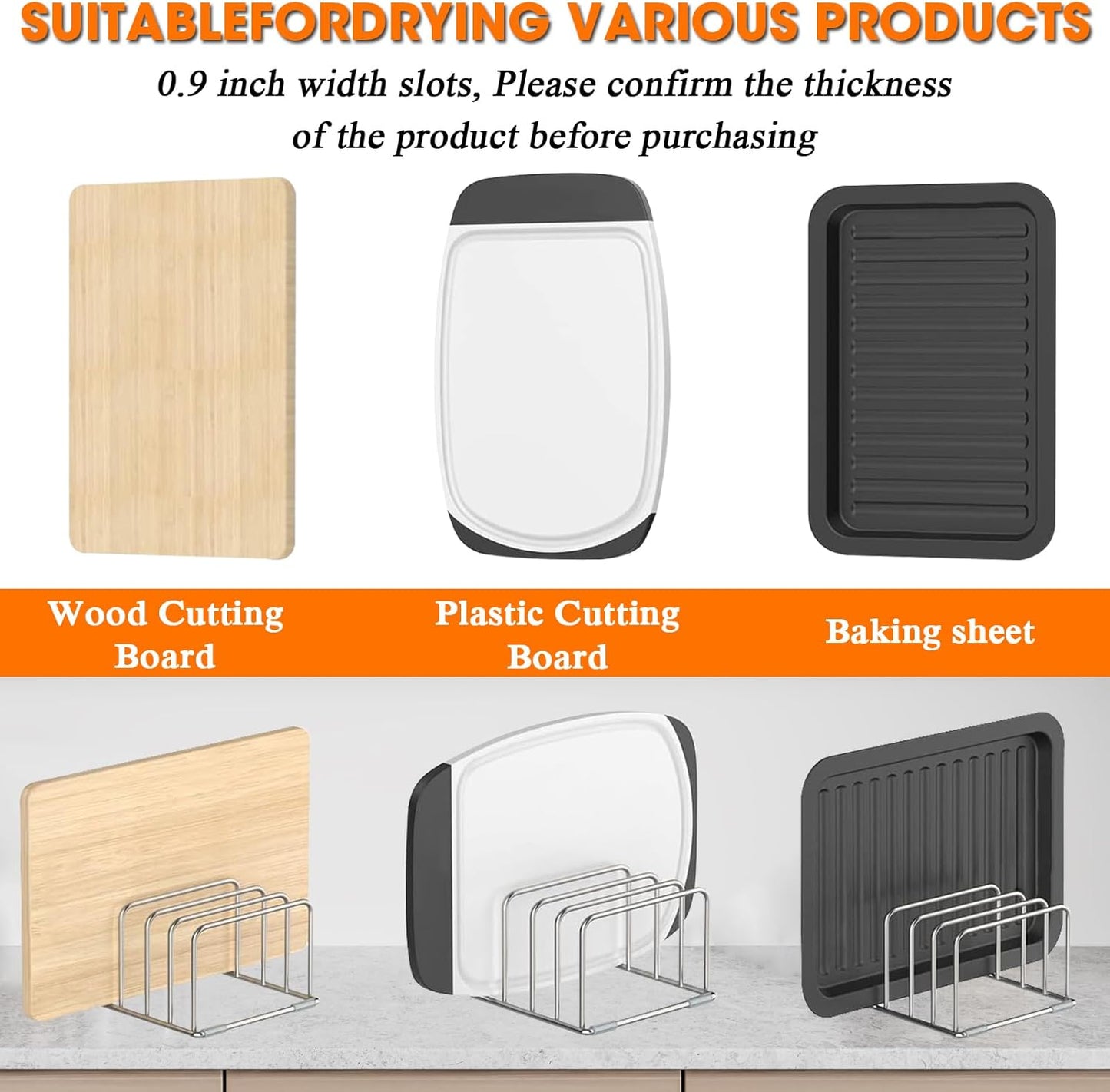 304 Stainless Steel Cutting Board Organizer Rack – Rustproof Compact 4-Slot Holder for Thin Cutting Boards and Plates – Premium Kitchen Storage Solution for Countertops and Cabinets