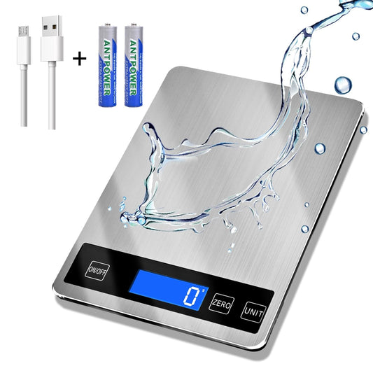 33lb Food Scale, Digital Kitchen Scale Batteries and USB Charging,1g/0.05oz Precise Graduation, Waterproof Stainless Steel with LCD Display Weight Grams and oz for Cooking Baking (Stainless Steel)