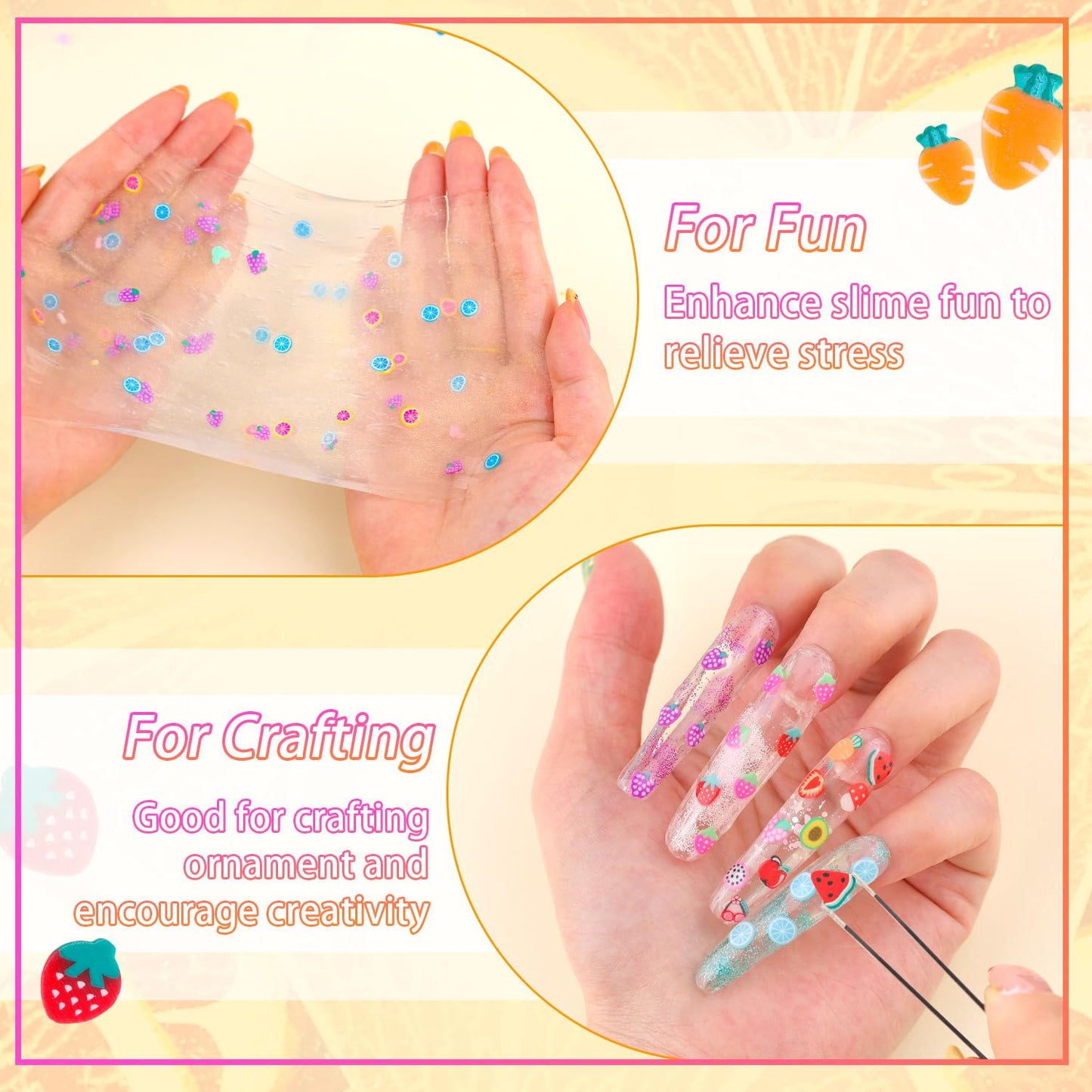 24-Grid Fruit Slice Polymer Clay Cute Slime Add Ins for Nail Art, Kawaii Scrapbooking Embellishments & Lip Gloss, Cellphone Decorations Bulk Slime Mix Ins Assorted Fruits Accessories for DIY Crafting