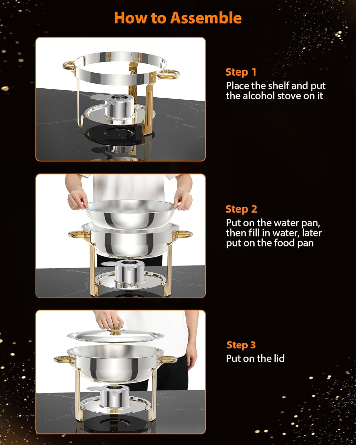 5QT 6 Packs Chafing Dish Buffet Set, NSF Round Stainless Steel Chafers and Warmers Food Servers Sets with Lid & Lid Holder, Spoon & Tweezer for Catering Events Parties Weddings Dinners, Gold