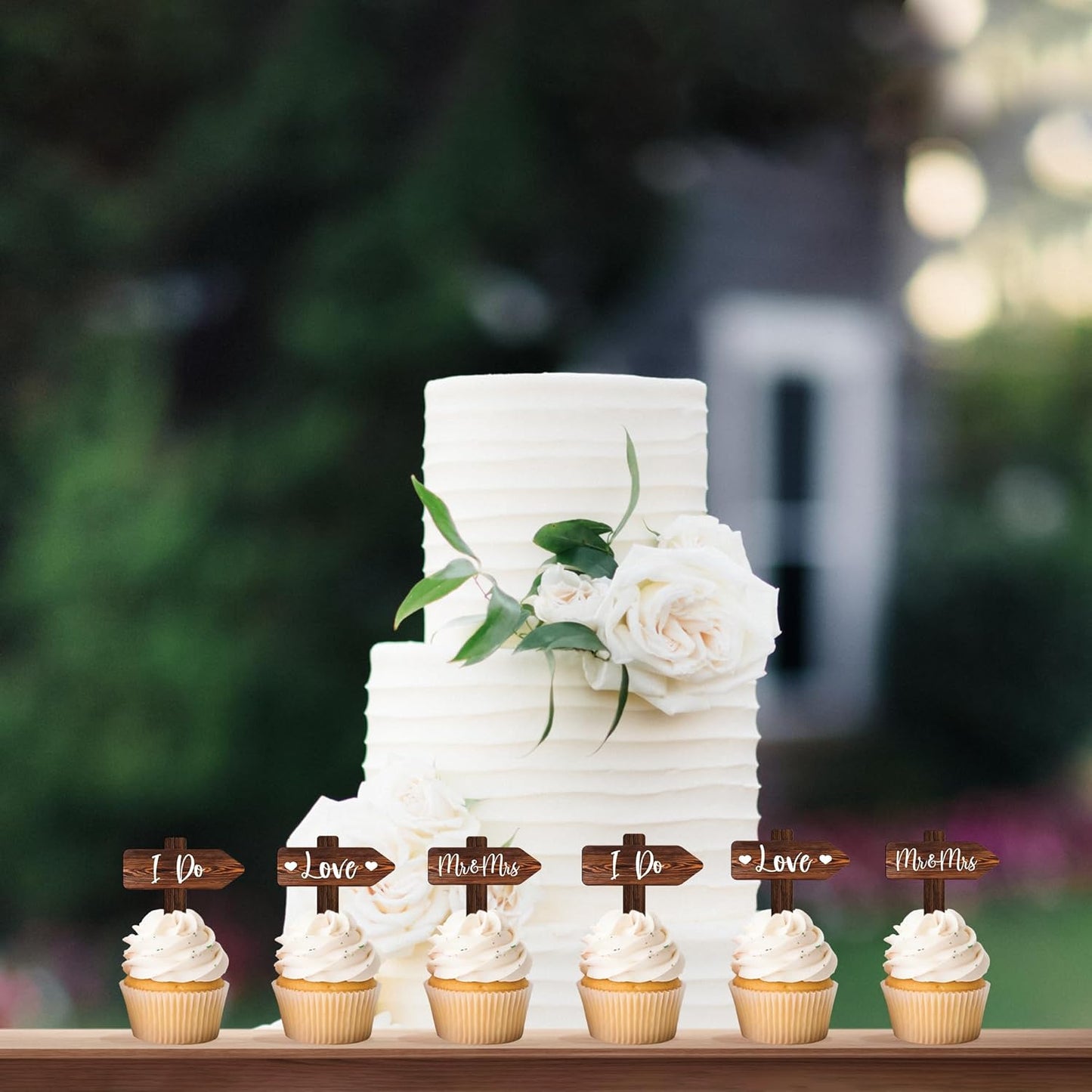 12 PCS Wedding Cupcake Toppers in Wood Rustic Wedding Cake Decoration