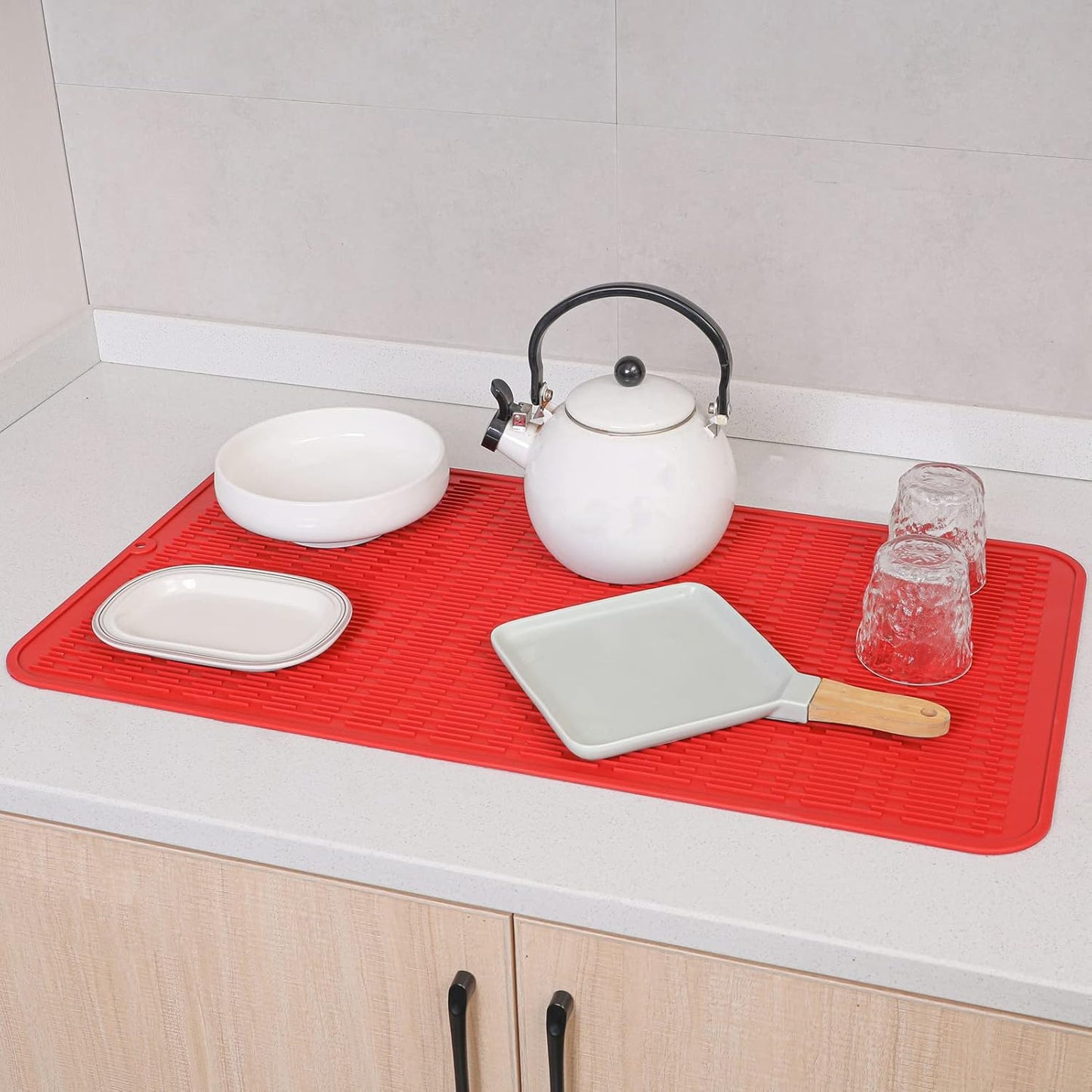 Silicone Dish Drying Mat for Multiple Usage,Easy clean,Eco-friendly,Heat-resistant Silicone Mat for Kitchen Counter or Sink,Refrigerator or Drawer Liner Red 4XL 32 inches x 18 inches