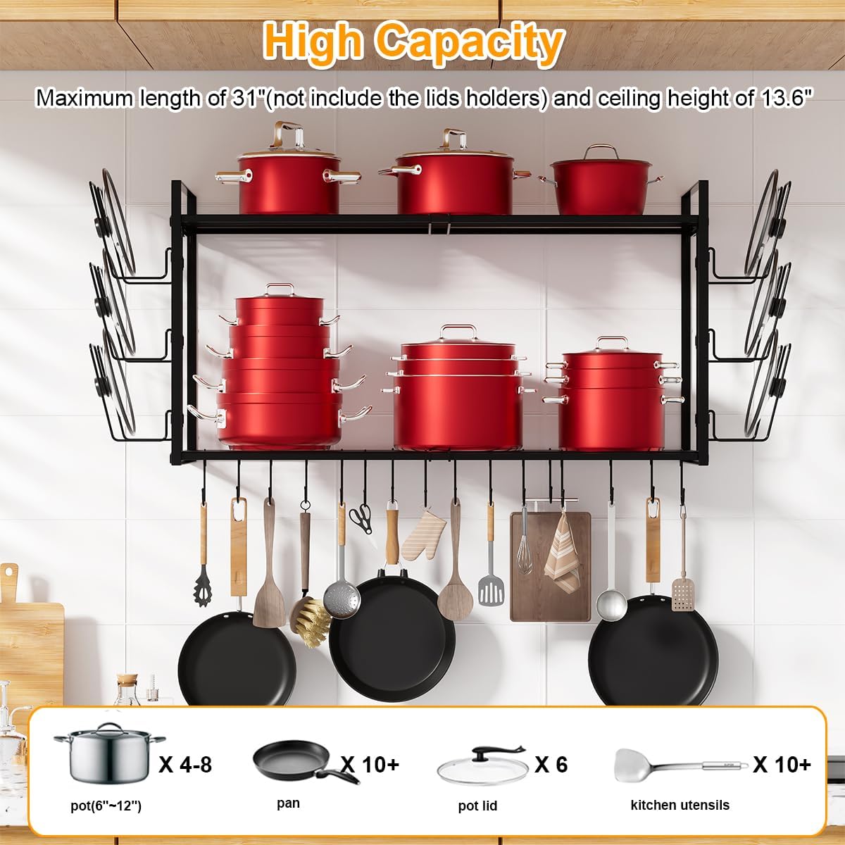 31 Inch Pot Rack Wall Mounted, 2-Tier Hanging Pots and Pans Organizer Expandable Heavy Duty Kitchen Shelves with 6 Pot Lid Holders and 12 Hooks for Kitchen Cookware Utensils Storage