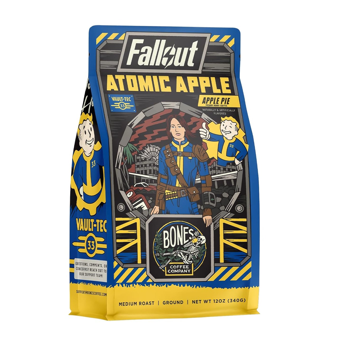 Bones Coffee Company Fallout Atomic Apple, Apple Pie Flavored Coffee, Medium Roast Low Acid Arabica Beans Compatible with Auto drip and French Press Coffee Maker, 12 Oz Ground