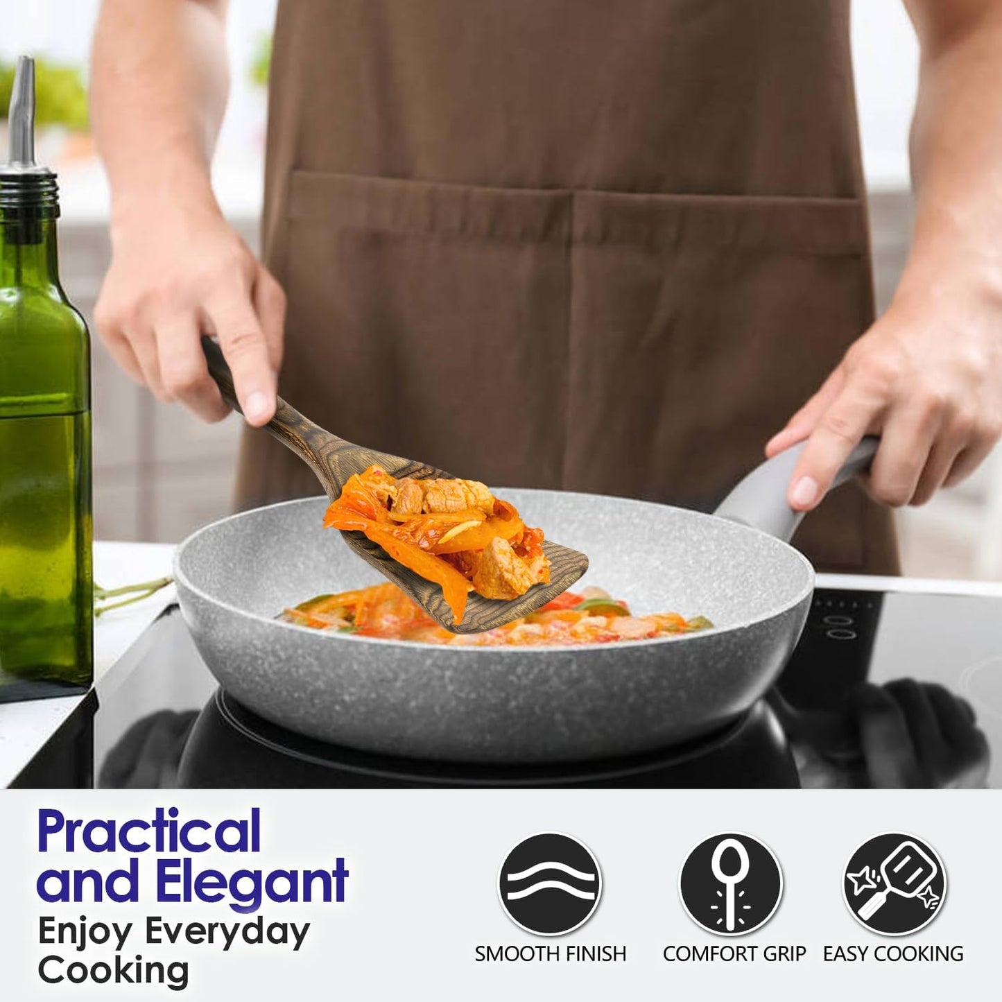 Kitchen 6-Piece Pakkawood Kitchen Utensil Set – Wooden Cooking Spoons with Slotted Spatula, Turner, Spaghetti Spoon & Fish Spurtle, Long Handle Design (Granite) by Howhong