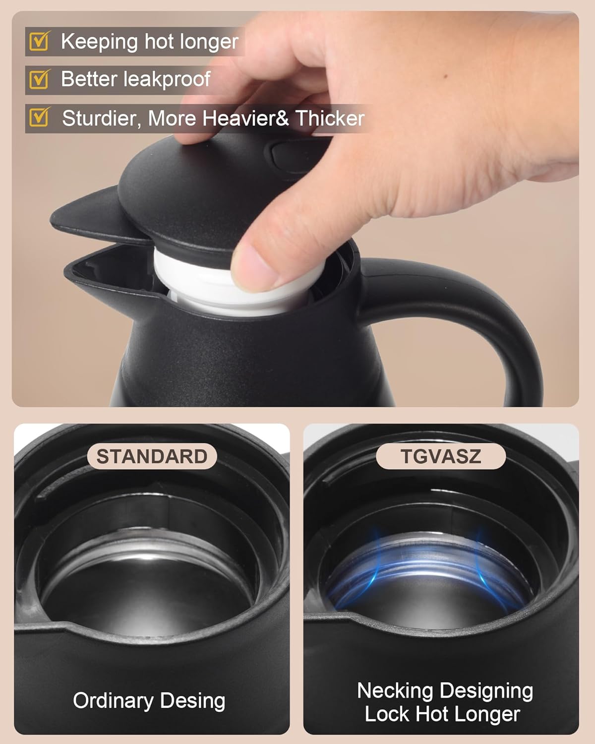 70oz Thermal Coffee Carafe for keeping hot,Updated Carafes for hot liquid, Stainless Steel Insulated Thermal Pot for Coffee, Hot Water,Keep Hot 12 Hours (Black 2.1 L)